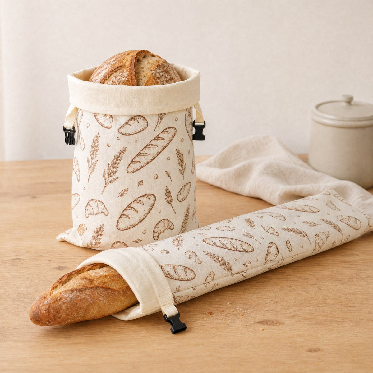 Baguette bag and bread bag in the same fabric