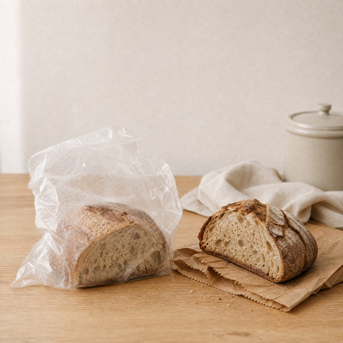 Brot in der Plastiktüte und Brot auf der Papiertüte