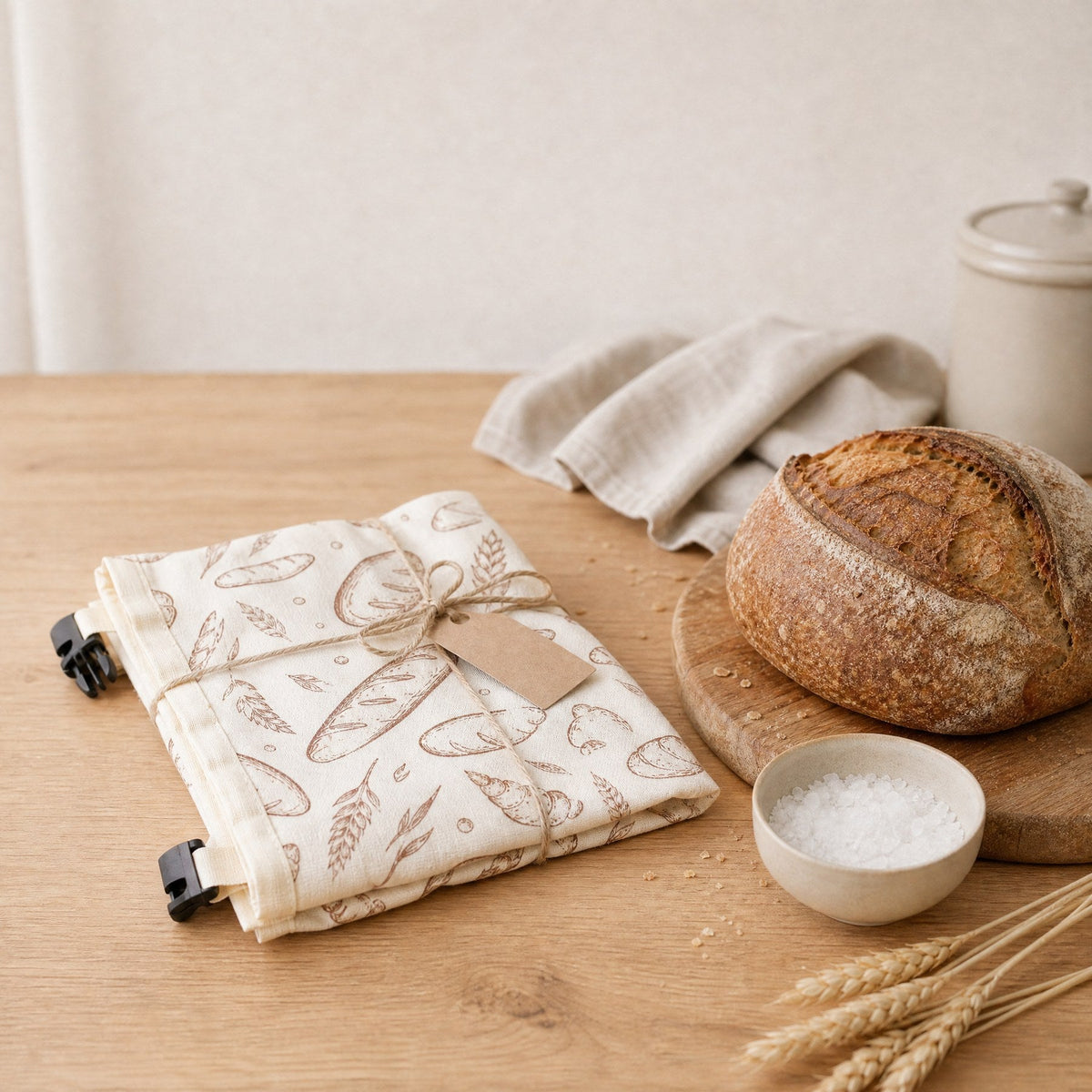 Brotbeutel als Geschenk verpackt, mit Brot und Salz