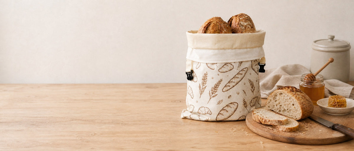 Bienenwachs-Brotbeutel mit Sauerteigbrot und Honig auf der Arbeitsplatte