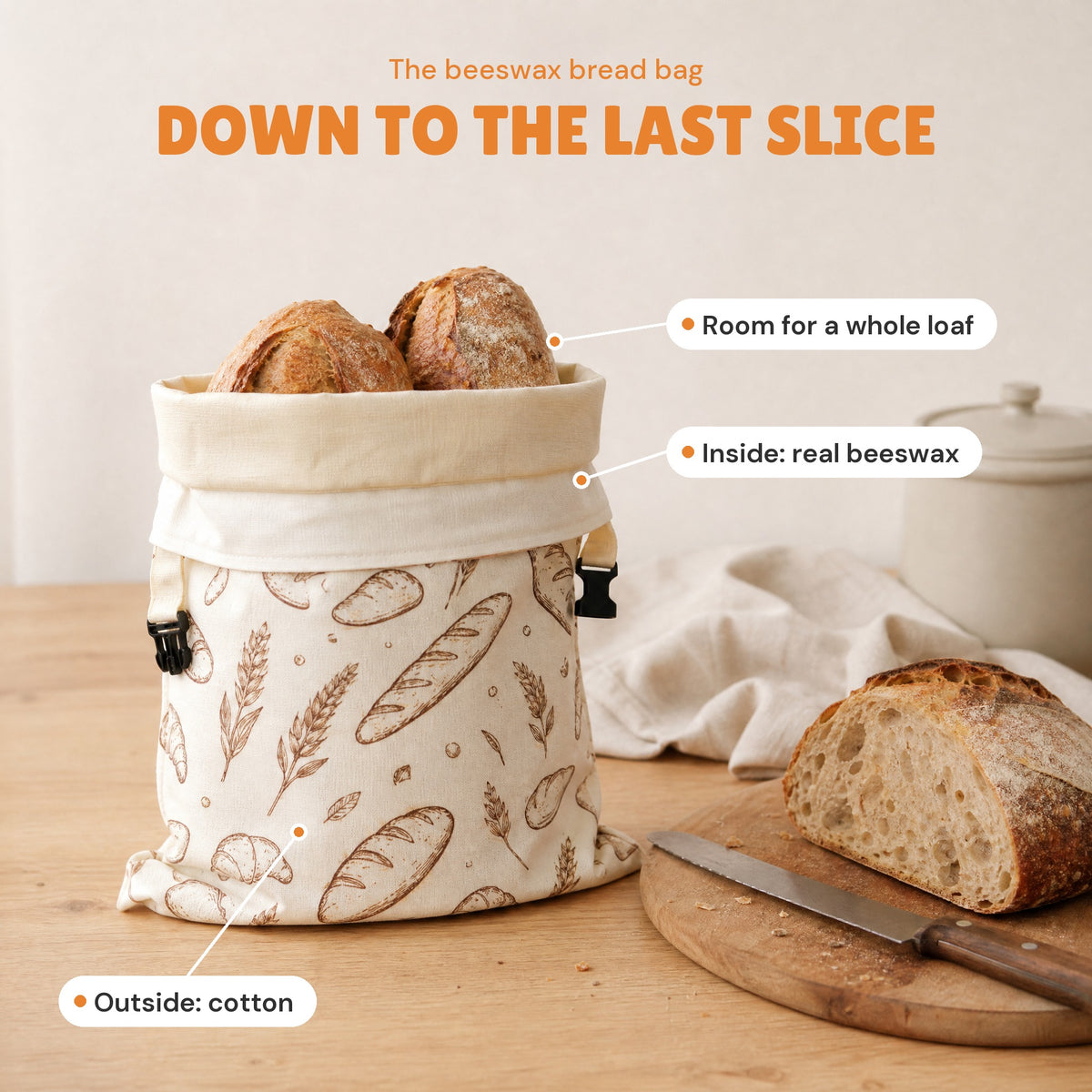 Beeswax bread bag with two loaves on the kitchen worktop