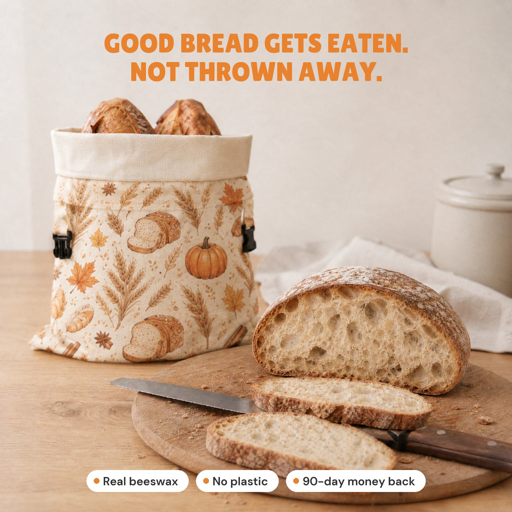 Sliced bread in front of the beeswax bread bag
